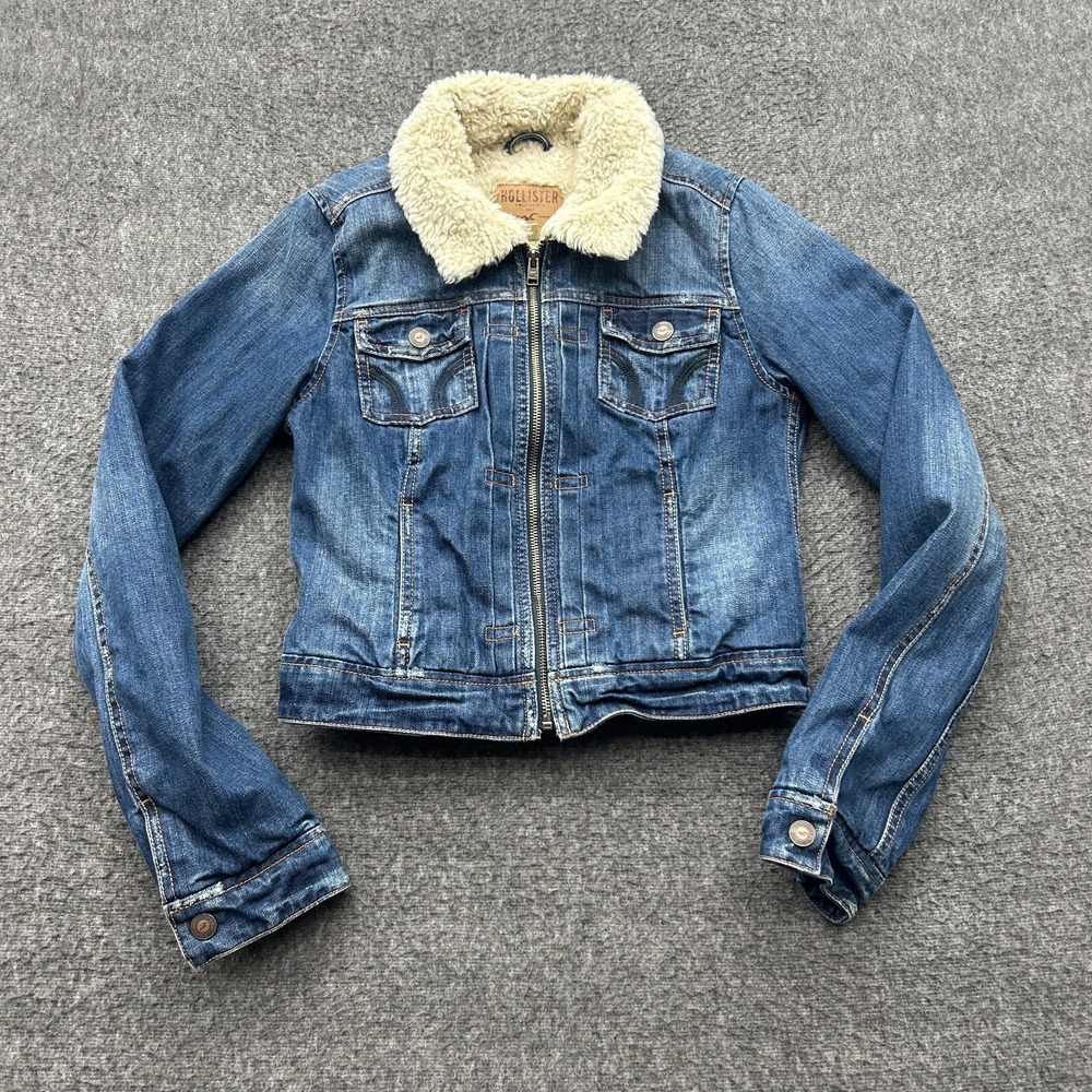 Hollister Denim Jacket Small Womens‎ Zip Sherpa Lined Jean Blue y2k